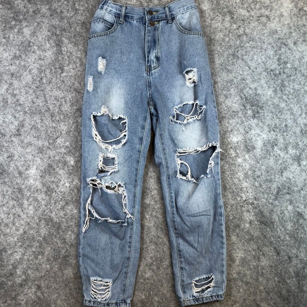 Shein Jeans XS 0 2 High Rise Straight Light Wash Destroyed Holes Frayed Elastic